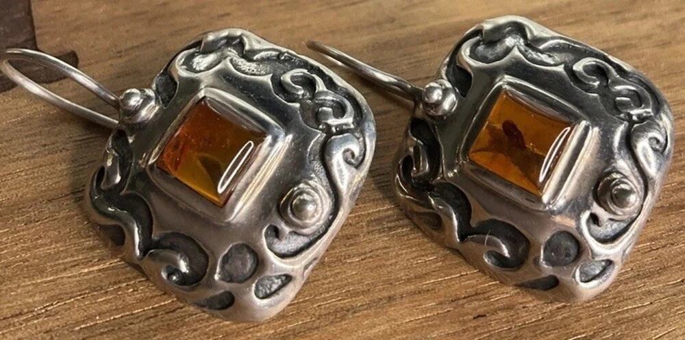 Silpada 925 Sterling Silver Amber Square Dangle Earrings